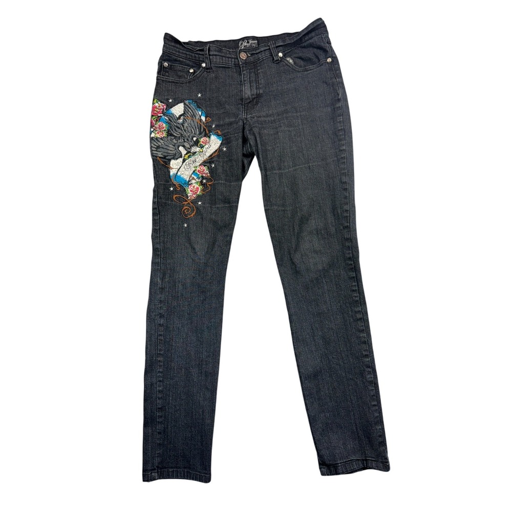 Paco Jeans With Attitude Black Embroidered Eagle Rose Denim Jeans Womens Y2K